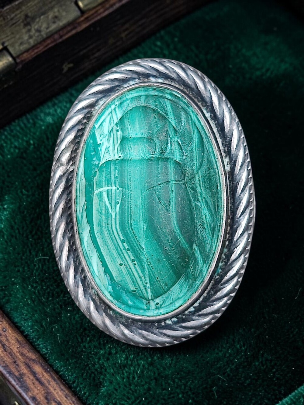 Antique Sterling Silver Malachite Scarab Brooch